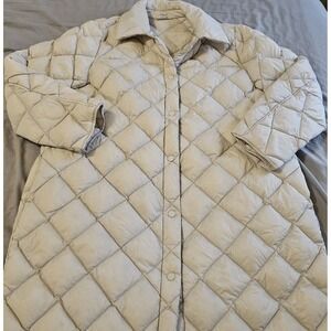 J Jill Down Puffer Coat Tan Quilted Mid Length Womens M Neutral Layer